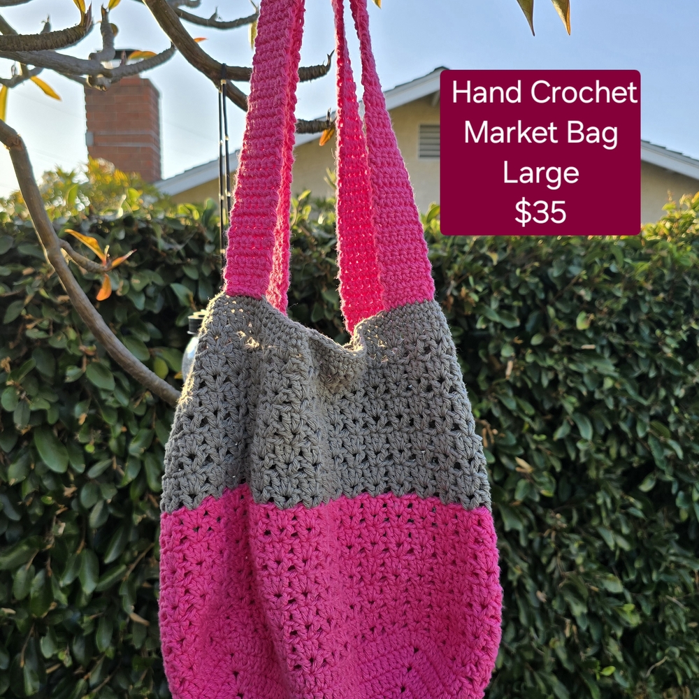 Handmade Pink and Gray Crochet Market Bag